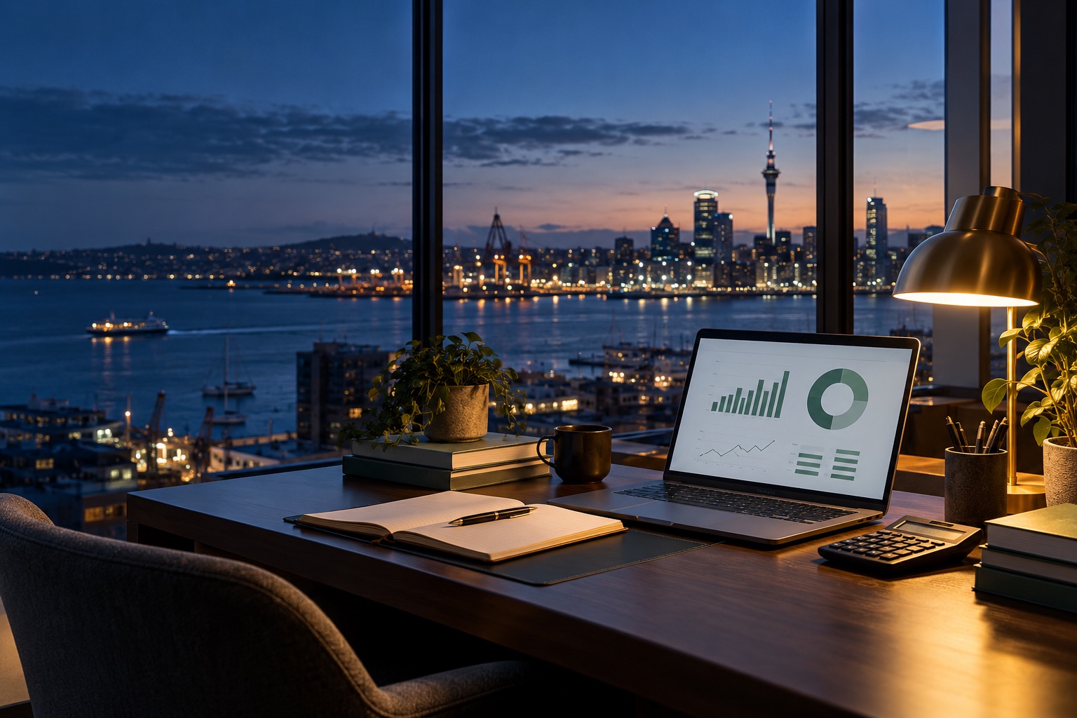 Illustrative accounting workspace overlooking Auckland harbour
